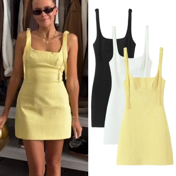 TRAFZA Women's Fashion Dress Yellow Plaid Square Collar Sleeveless Backless Bow Decoration Zipper Female Summer Sexy Mini Dress