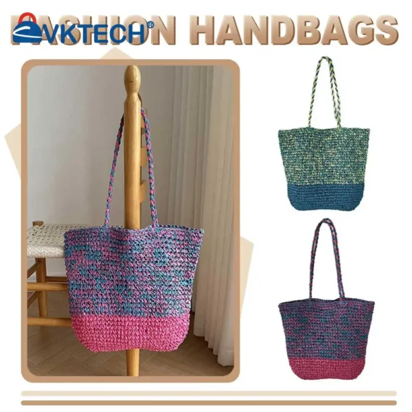 Women Hand Woven Shoulder Bag Wear Resist Vacation Straw Handbag Contrast Color Hollow Woven Braid Bag Seaside Trip Beach Bag