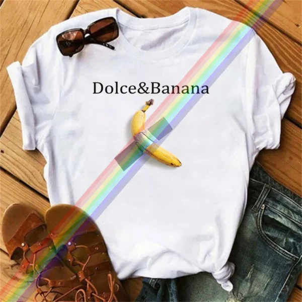 High-quality spring and summer women's banana-printed cotton casual and versatile T-shirts from a cotton light luxury brand
