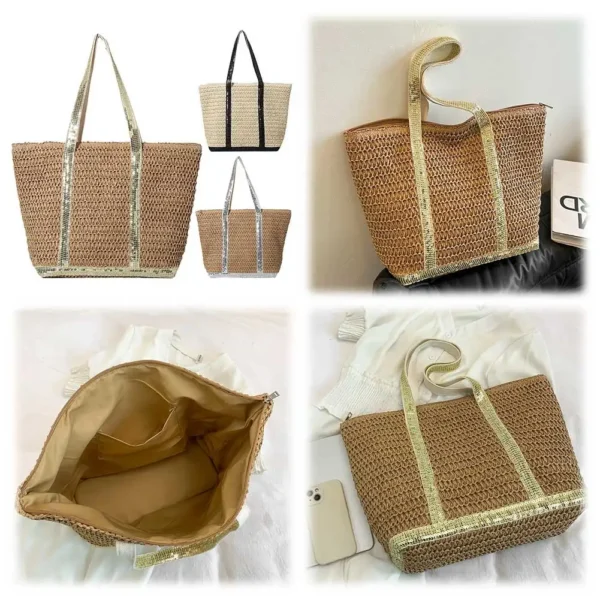 Women Boho Shoulder Bag Large Capacity Sequins Crochet Beach Handbag Contrast Color Minimalist Tote Bag Ladies Summer Daily Bag