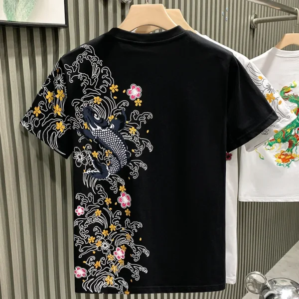 Trendy brand 2024 new European-style Chinese koi short-sleeve T-shirt for men, summer new trendy men's top