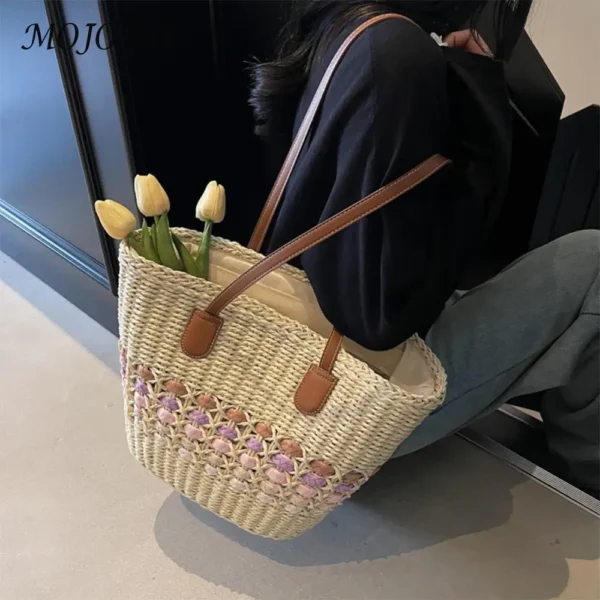 Women Woven Straw Large Tote Bag Zipper Closure Shoulder Bag Summer Satchel Bag Trendy for Beach Travel