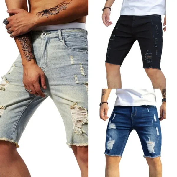 Men's Summer Casual Personality Irregular Foot Denim Shorts Wool Ripped Vintage Street Fifth Jeans