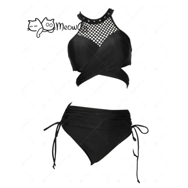 MEOWCOS Women Gothic Swimwear Fishnet Hollow Black Two Piece Swimsuit Halter Short Top and High Waist Bottoms Bathing Suit