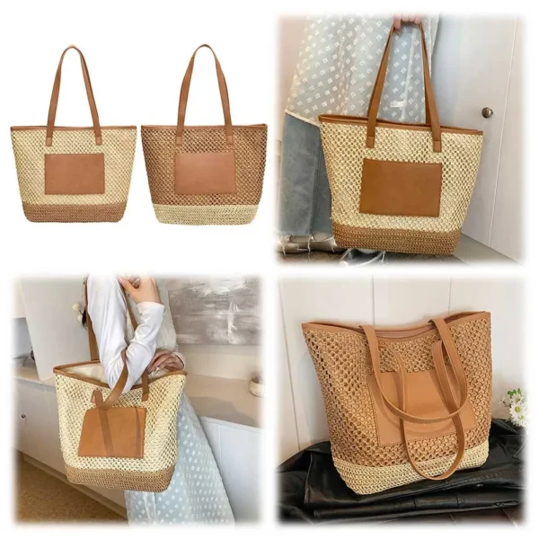 Women Boho Shoulder Bag Large Capacity Crochet Beach Handbag Contrast Color Minimalist Tote Bag Ladies Summer Daily Bag