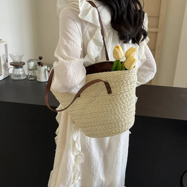 Women Straw Woven Tote Bag Weaving Shoulder Bag Large Capacity Beach Vacation Shoulder Bag with Silk Scarf for Outdoor Travel