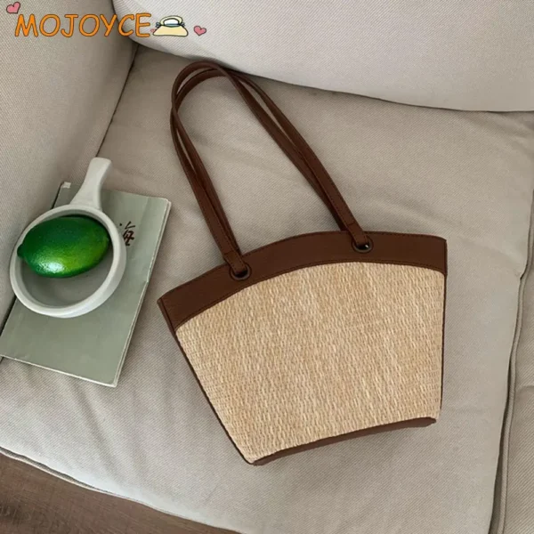 Women Straw Woven Tote Bag Handmade Straw Bag Large Capacity Summer Braided Beach Bags Patchwork Vintage for Outdoor Travel