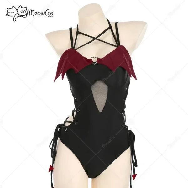 Meowcos Women Swimming Costume Devil Tail Gothic Swimsuit Hollow Claret Red Wings Halter Neck Cutout One-Piece Swimwear