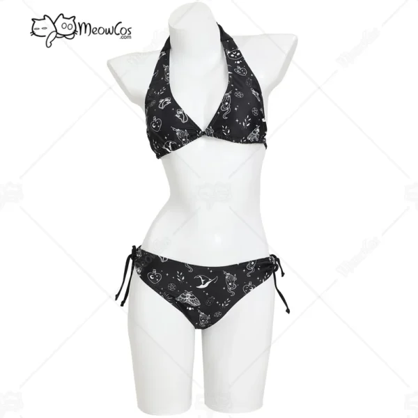 Meowcos Women's Bikini Sets Two Piece Swimsuit Cat Witch Print Gothic Swimwear Bathing Suit Bikini Set