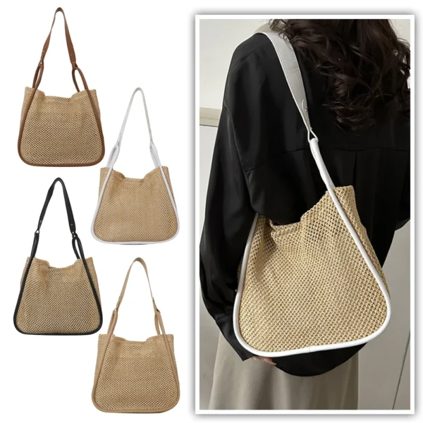 Hollow Out Women Tote Bag PU Leather Woven Shopping Bags Composite Bag Large Capacity Solid Color Beach Bag Female Clutch