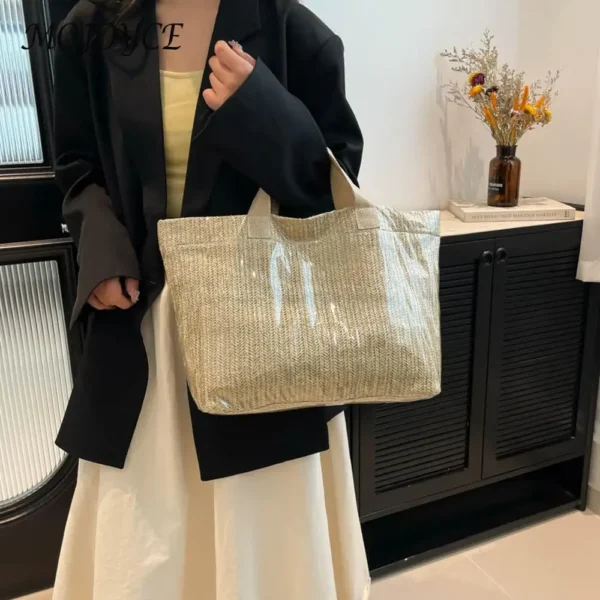 PVC Casual Straw Handbag Large Capacity Stylish Knit Shoulder Bag Solid Color Simple Tote Handbag Seaside Trip Beach Bag
