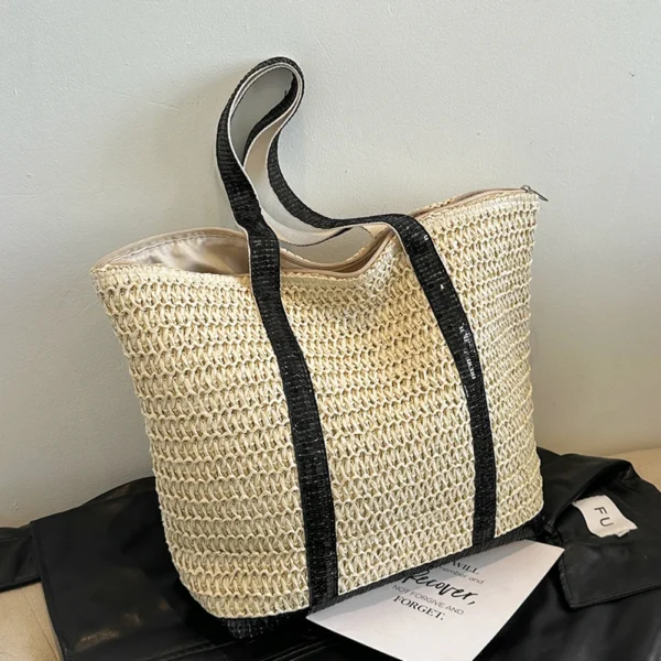 Women Boho Shoulder Bag Large Capacity Sequins Simple Shoulder Bag Contrast Color Minimalist Tote Bag Ladies Summer Daily Bag