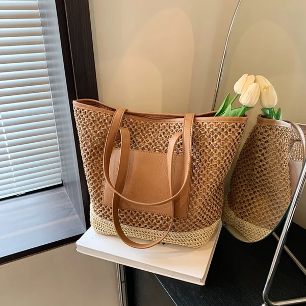 Women Straw Tote Handbag Large Capacity Crochet Beach Handbag Contrast Color Weaving Travel Bag Ladies Summer Daily Bag