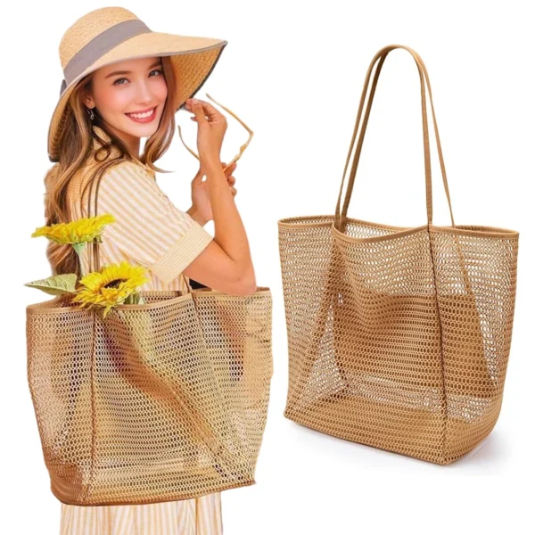 Summer Travel Mesh Tote Bag with Inner Zipper Pocket Shoulder Handbag Sandproof Beach Tote Bags Large for Women Travel Vacation