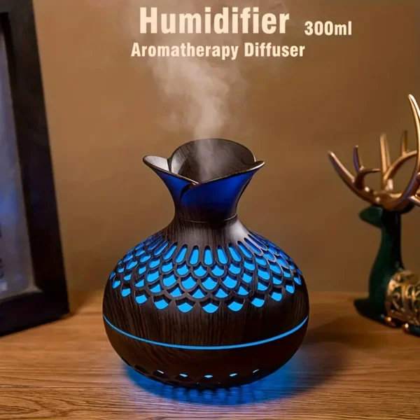 Wooden Vase Humidifier: Cool Mist, Aromatherapy, & Colorful Light - 300ml